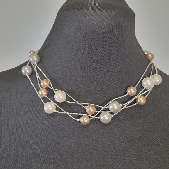 Double strand long faux neutral pearls costume necklace NWOT - Picture 2 of 7